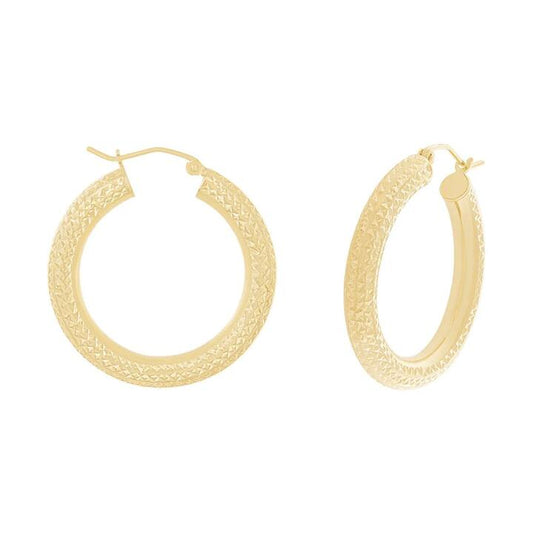 Image of Earrings. Productname: 9kt Yellow Gold Bonded 20mm Diamond Cut Hoop Earrings in colour by brand - Bevilles