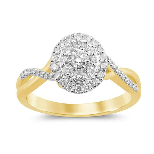 Image of Jewelry. Productname: Double Oval Halo Ring with 1/2ct of Diamonds in 9kt Yellow Gold in Diamond colour by brand - Bevilles