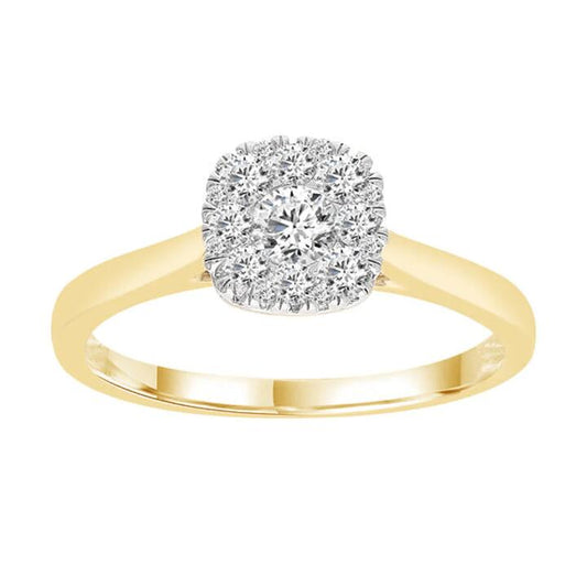 Image of Jewelry. Productname: Cushion Shape Ring with 0.45ct of Diamonds in 9kt Yellow Gold in Diamond colour by brand - Bevilles