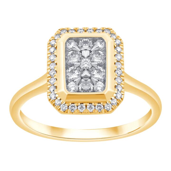 Image of Jewelry. Productname: Emerald Halo Ring with 0.50tw of Diamonds in 9kt Yellow Gold in Diamond colour by brand - Bevilles