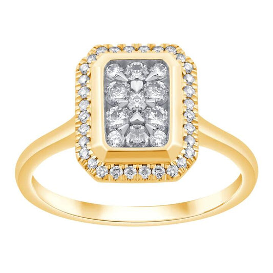 Image of Jewelry. Productname: Emerald Halo Ring with 1/2ct of Diamonds in 9kt Yellow Gold in Diamond colour by brand - Bevilles