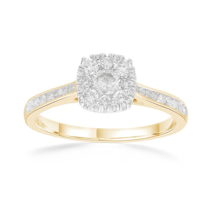Image of Jewelry. Productname: Cushion Ring with 0.60ct of Diamonds in 9kt Yellow Gold in Diamond colour by brand - Bevilles