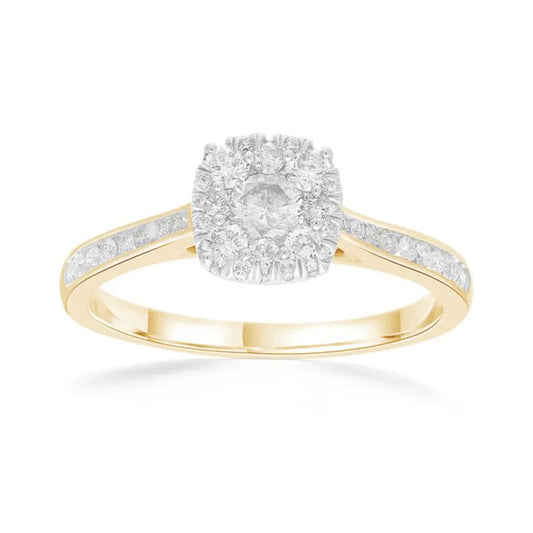 Image of Rings. Productname: Cushion Shape Shoulder Ring with 0.60tw of Diamonds in 9kt Yellow Gold in Diamond colour by brand - Bevilles
