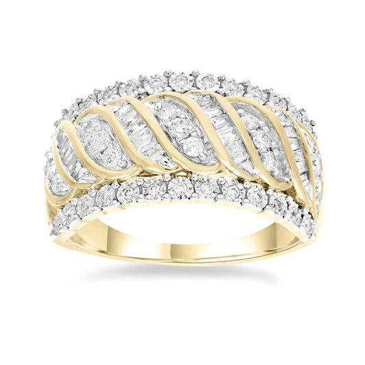 Image of a model wearing Dress. Productname: Fancy Dress Ring with 1/2ct of Diamonds in 9kt Yellow Gold in Diamond colour by brand - Bevilles