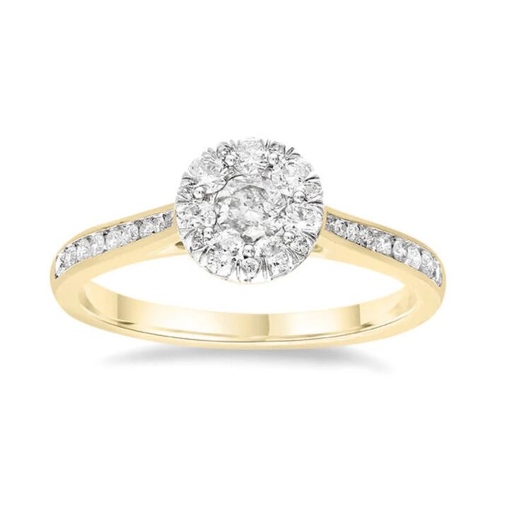 Image of Jewelry. Productname: Circle Shape Ring with 0.60ct of Diamonds in 9kt Yellow Gold in Diamond colour by brand - Bevilles