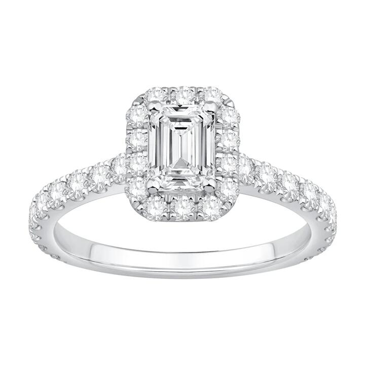 Image of Jewelry. Productname: Emerald Cut Halo Ring with 1.50ct of Laboratory Grown Diamonds in 9kt White Gold in Diamond colour by brand - Bevilles
