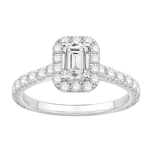 Image of Rings. Productname: Emerald Cut Halo Ring with 1.50tw of Laboratory-Grown Diamonds in 9kt White Gold in colour by brand - Bevilles