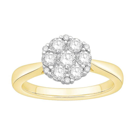 Image of Jewelry. Productname: Flower Ring with 3/4ct of Laboratory Grown Diamonds in 9kt Yellow Gold in Diamond colour by brand - Bevilles