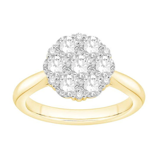 Image of Jewelry. Productname: Flower Ring with 1.50tw of Laboratory-Grown Diamonds in 9kt Yellow Gold in Diamond colour by brand - Bevilles