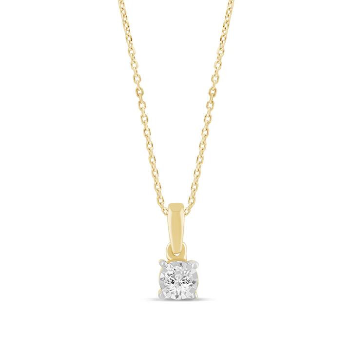 Image of Necklaces. Productname: Diamond Set Solitaire Miracle Necklace in 9kt Yellow Gold in Diamond colour by brand - Bevilles