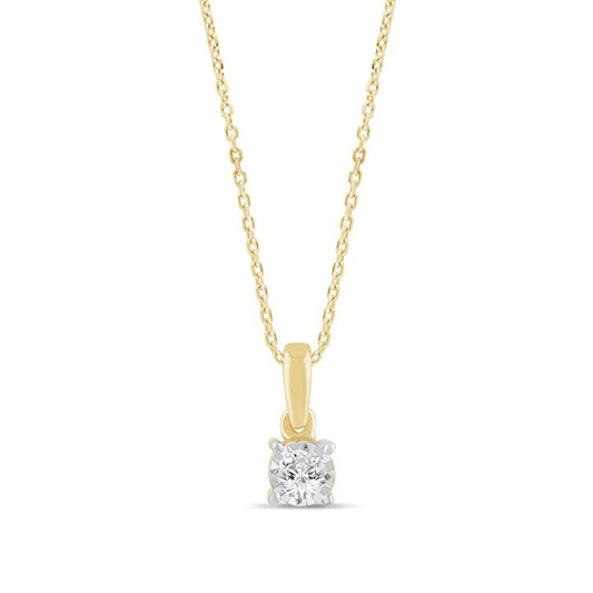 Image of Necklaces. Productname: Diamond Set Solitaire Miracle Necklace in 9kt Yellow Gold in Diamond colour by brand - Bevilles
