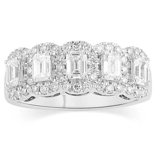Image of a model wearing Dress. Productname: Emerald Cut Multi Station Dress Ring with 1.33ct of Laboratory Grown Diamonds in Sterling Silver and Platinum in Diamond colour by brand - Bevilles