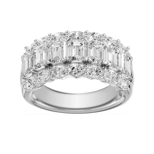 Image of a model wearing Dress. Productname: Emerald and Oval Cut Dress Ring with 3.00ct of Laboratory Grown Diamonds in Sterling Silver and Platinum in Diamond colour by brand - Bevilles