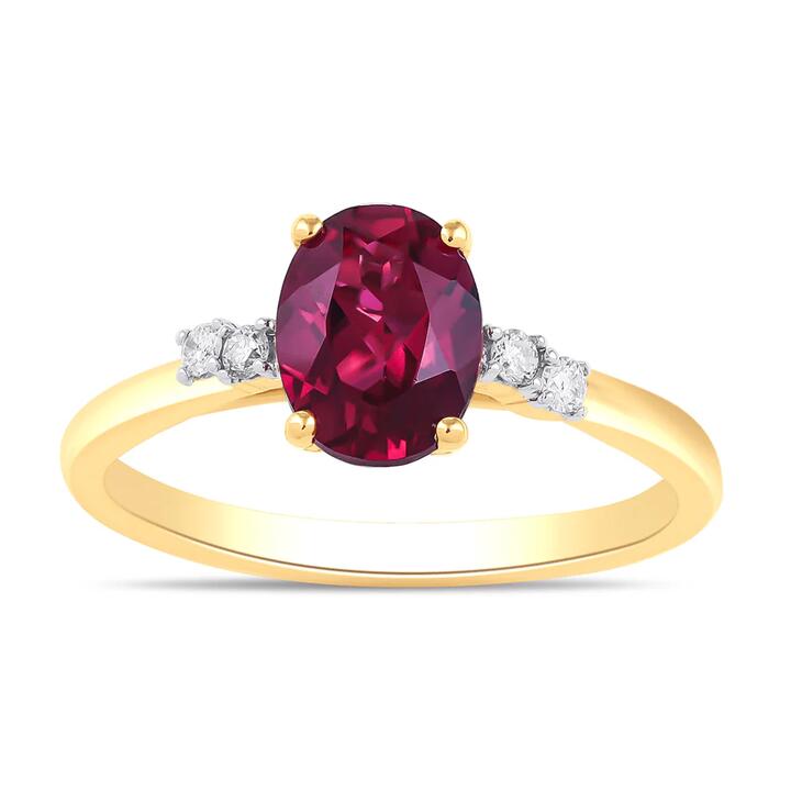 Image of Rings. Product name - Oval Created Ruby Ring with 0.05tw of Diamonds in 9kt Yellow Gold in colour by brand - Bevilles