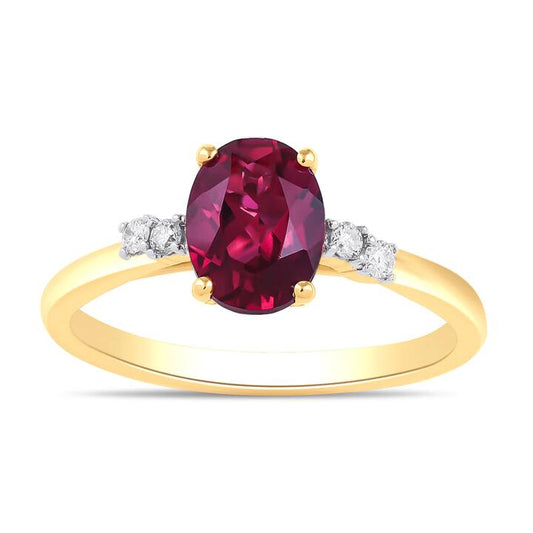Image of Rings. Productname: Oval Created Ruby Ring with 0.05tw of Diamonds in 9kt Yellow Gold in colour by brand - Bevilles
