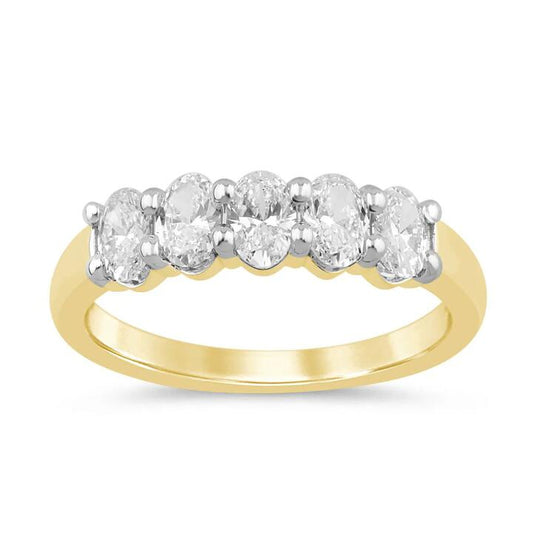 Image of Jewelry. Productname: Oval Cut 5 Stone Ring with 1.00tw of Laboratory-Grown Diamonds in 9kt Yellow Gold in Diamond colour by brand - Bevilles