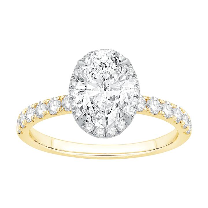 Image of Rings. Product name - Hidden Halo Oval Solitaire Shoulder Ring with 2.00tw of Laboratory-Grown Diamonds in 18kt Yellow and White Gold in colour by brand - Bevilles