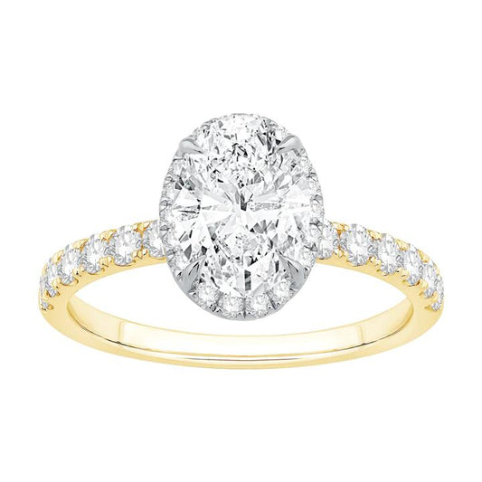 Image of Rings. Productname: Hidden Halo Oval Solitaire Shoulder Ring with 2.00tw of Laboratory-Grown Diamonds in 18kt Yellow and White Gold in colour by brand - Bevilles