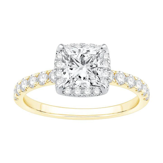 Image of Jewelry. Productname: Princess Cut Hidden Halo Shoulder Ring with 2.00tw of Laboratory-Grown Diamonds in 18kt Yellow and White Gold in Diamond colour by brand - Bevilles