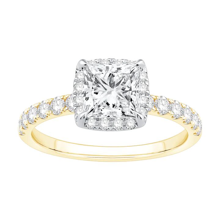 Image of Rings. Product name - Princess Cut Hidden Halo Shoulder Ring with 2.00tw of Laboratory-Grown Diamonds in 18kt Yellow and White Gold in colour by brand - Bevilles