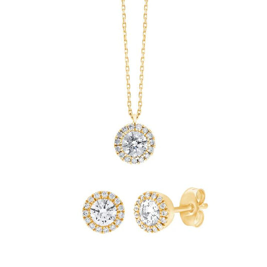 Image of Earrings. Productname: Halo Stud Earring and Necklace Set with 3/4ct of Laboratory Grown Diamonds in 9kt Yellow Gold in Diamond colour by brand - Bevilles