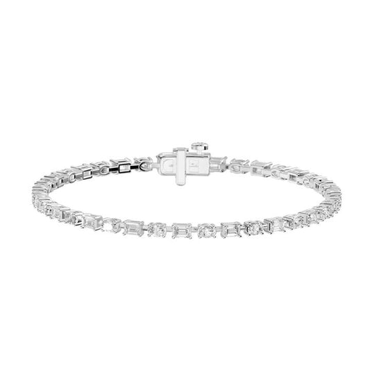Image of Bracelets. Productname: 18cm Oval and Emerald Cut Tennis Bracelet with 3.00tw of Laboratory-Grown Diamonds in Sterling Silver and Platinum in colour by brand - Bevilles