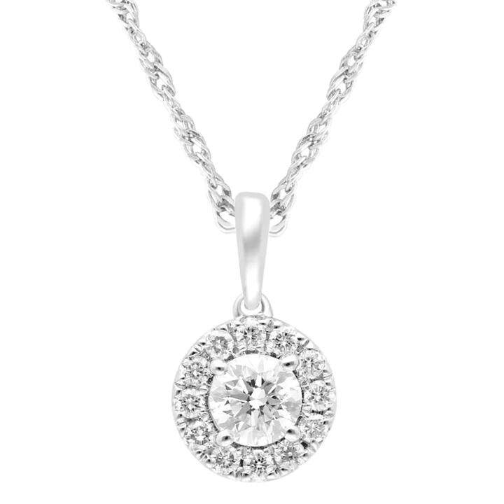 Image of Charms. Productname: Halo Solitaire Pendant Necklace with 1/4ct of Laboratory Grown Diamonds in Sterling Silver and Platinum in Diamond colour by brand - Bevilles