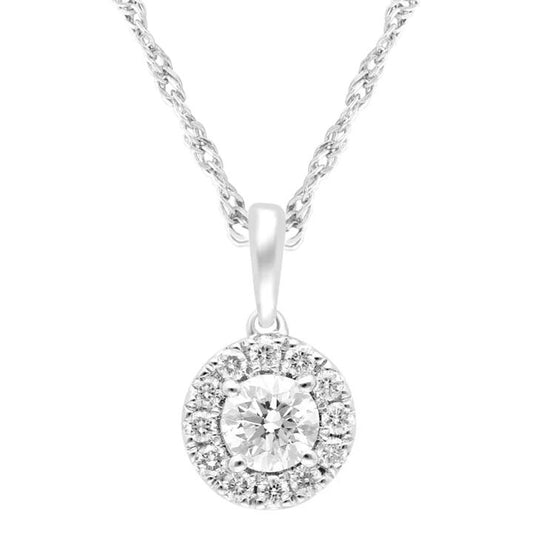 Image of Charms. Productname: Halo Solitaire Pendant Necklace with 1/4ct of Laboratory Grown Diamonds in Sterling Silver and Platinum in Diamond colour by brand - Bevilles