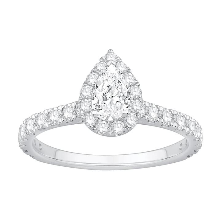 Image of Rings. Product name - Pear Cut Halo Ring with 1.10tw of Laboratory-Grown Diamonds in 9kt White Gold in colour by brand - Bevilles