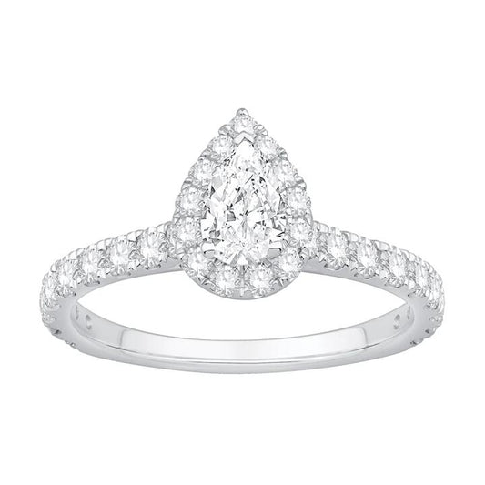 Image of Rings. Productname: Pear Cut Halo Ring with 1.10tw of Laboratory-Grown Diamonds in 9kt White Gold in colour by brand - Bevilles