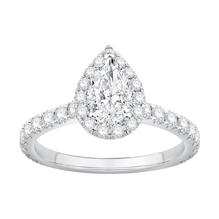 Image of Rings. Product name - Pear Halo Ring with 1.50tw of Laboratory-Grown Diamonds in 9kt White Gold in colour by brand - Bevilles