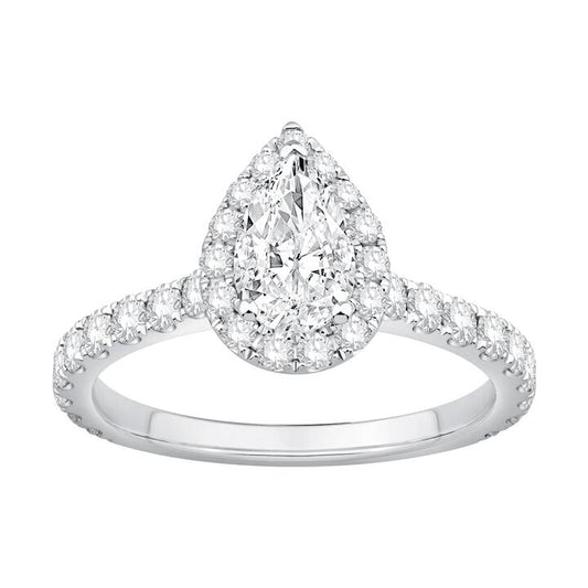 Image of Jewelry. Productname: Pear Halo Ring with 1.50tw of Laboratory-Grown Diamonds in 9kt White Gold in Diamond colour by brand - Bevilles