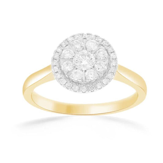 Image of Jewelry. Productname: Halo Ring with 1/4ct of Diamonds in 9kt Yellow Gold in Diamond colour by brand - Bevilles