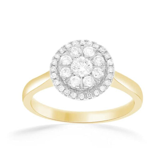 Image of Jewelry. Productname: Halo Ring with 1/2ct of Diamonds in 9kt Yellow Gold in Diamond colour by brand - Bevilles