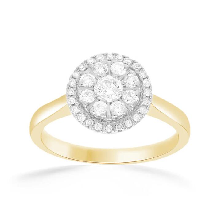Image of Rings. Product name - Composite Halo Ring with 0.50tw of Diamonds in 9kt Yellow Gold in colour by brand - Bevilles