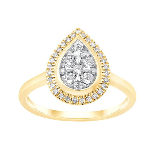 Image of Jewelry. Productname: Pear Halo Ring with 1/2ct of Diamonds in 9kt Yellow Gold in Diamond colour by brand - Bevilles