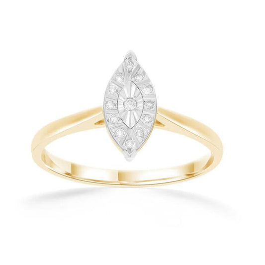 Image of Jewelry. Productname: Marquise Shape Ring with 0.05ct of Diamonds in 9kt Yellow Gold in Diamond colour by brand - Bevilles