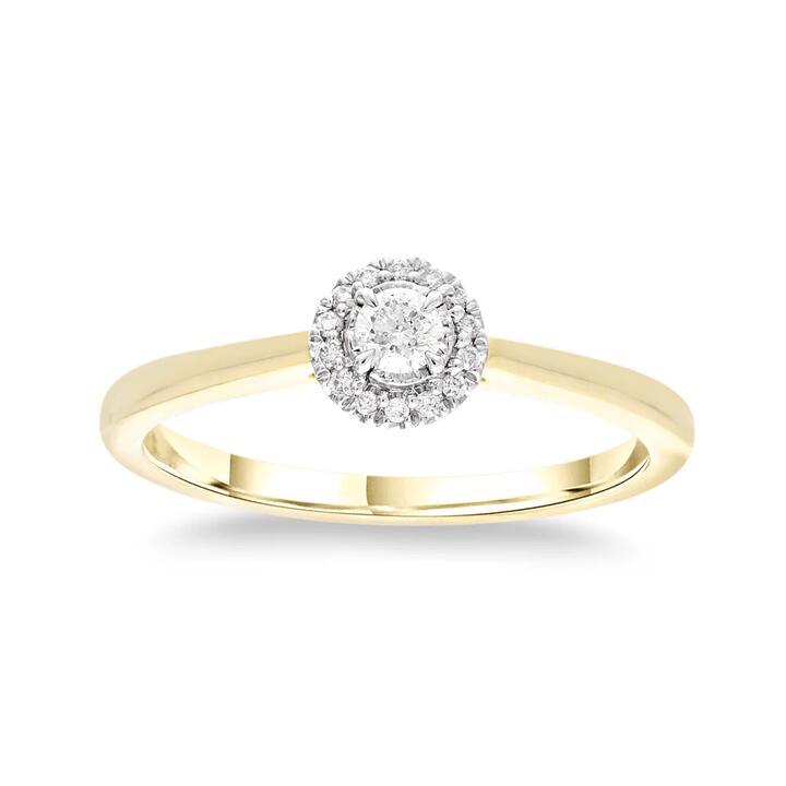 Image of Rings. Product name - Solitaire Halo Ring with 0.10tw of Diamonds in 9kt Yellow Gold in colour by brand - Bevilles