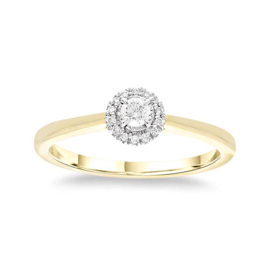 Image of Rings. Product name - Solitaire Halo Ring with 0.10tw of Diamonds in 9kt Yellow Gold in colour by brand - Bevilles