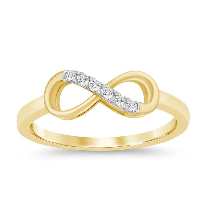 Image of Rings. Product name - Infinity Ring with 0.05tw of Diamonds in 9kt Yellow Gold in colour by brand - Bevilles