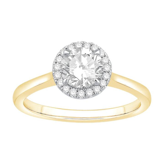 Image of Jewelry. Productname: Halo Solitaire Ring with 1.20tw of Laboratory-Grown Diamonds in 18kt Yellow and White Gold in Diamond colour by brand - Bevilles