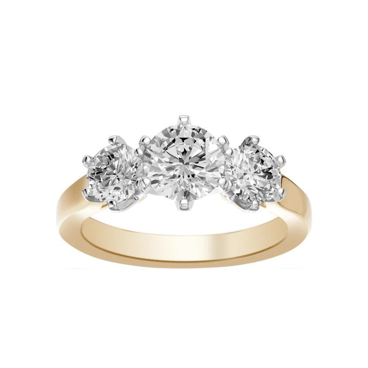 Image of Rings. Product name - Three Stone Traditional Bridal Ring with 2.00tw of Laboratory-Grown Diamonds in 18kt Yellow Gold in colour by brand - Bevilles