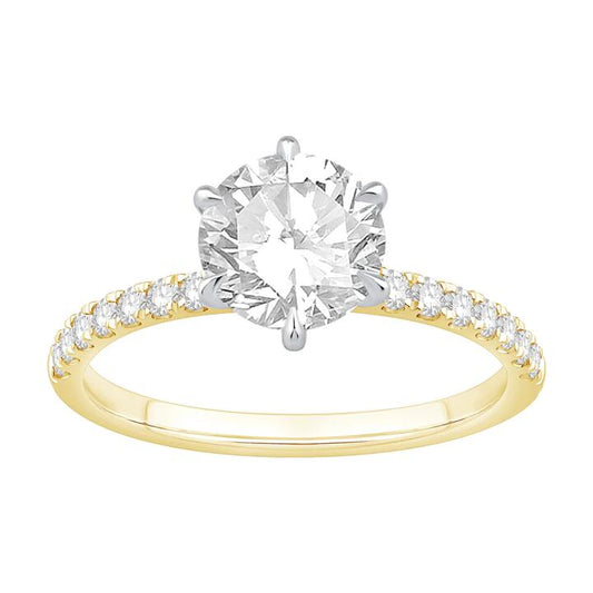 Image of Jewelry. Productname: Round Brilliant Solitaire Shoulder Ring with 1.75tw of Laboratory-Grown Diamonds in 18kt Yellow and White Gold in Diamond colour by brand - Bevilles
