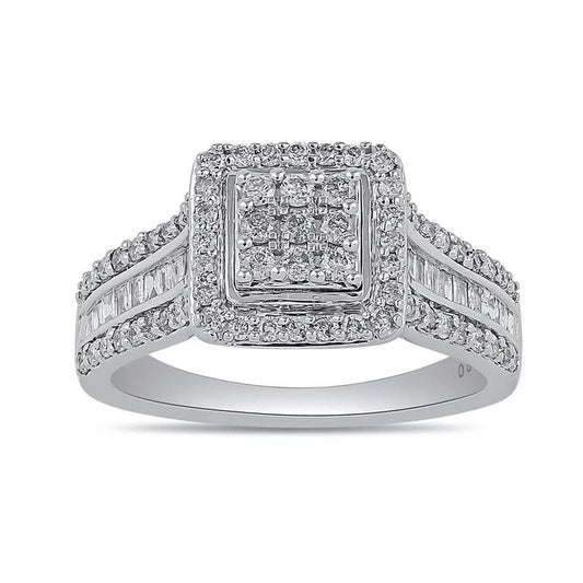 Image of Rings. Productname: Square Look Halo Ring with 0.60tw of Diamonds in 9kt White Gold in colour by brand - Bevilles