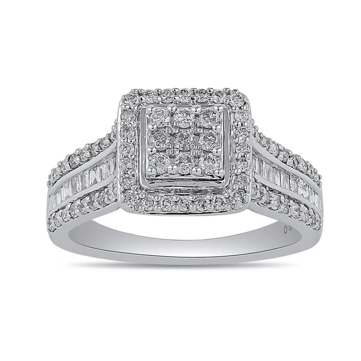 Image of Rings. Product name - Square Look Halo Ring with 0.60tw of Diamonds in 9kt White Gold in colour by brand - Bevilles
