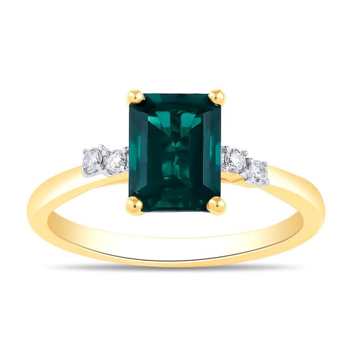 Image of Rings. Product name - Solitaire Created Emerald Ring with 0.05tw of Diamonds in 9kt Yellow Gold in colour by brand - Bevilles
