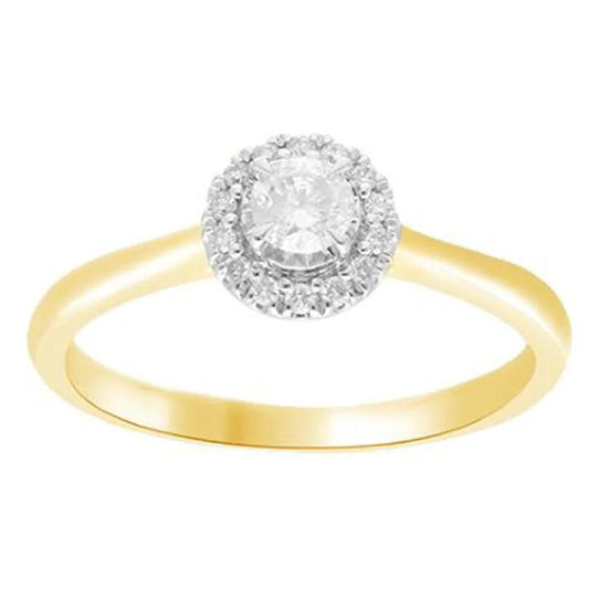 Image of Jewelry. Productname: Solitaire Halo Ring with 0.25tw of Diamonds in 9kt Yellow Gold in Diamond colour by brand - Bevilles