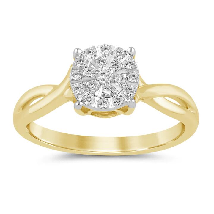 Image of Rings. Product name - Solitaire Look Crossover Shoulder Ring with 0.20tw of Diamonds in 9kt Yellow Gold in colour by brand - Bevilles