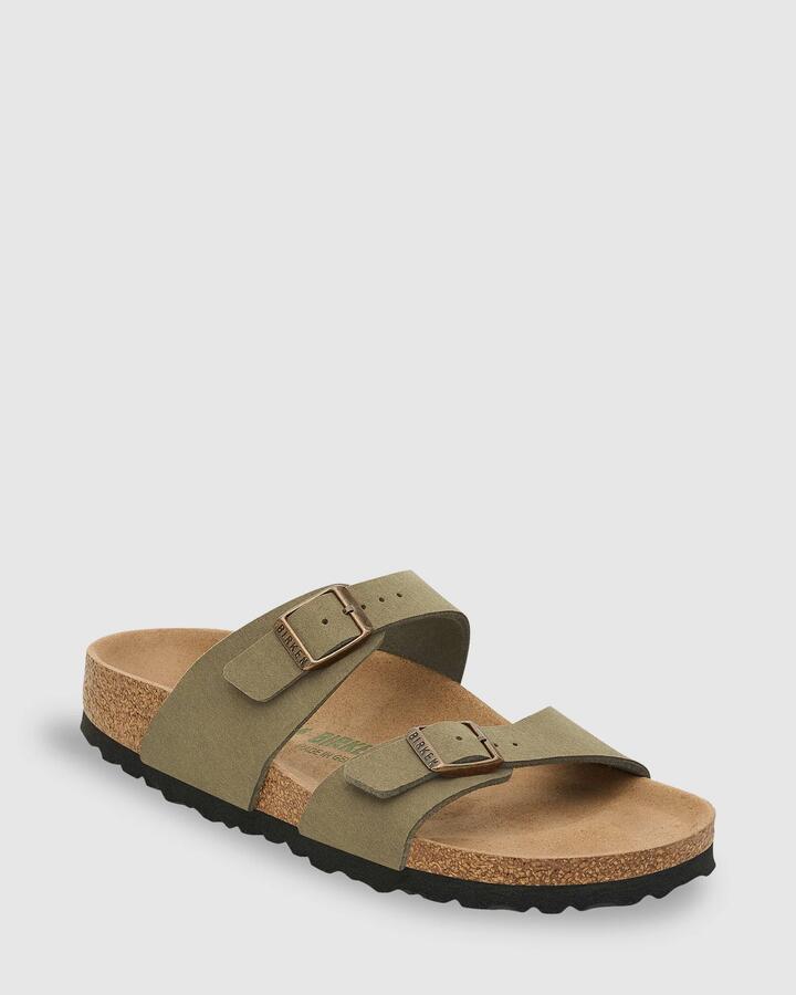 Image of Slippers. Productname: Birkenstock - Sydney Vegan Pine Green Synthetics Slides - Pine Green - in Pine Green colour by brand - Birkenstock