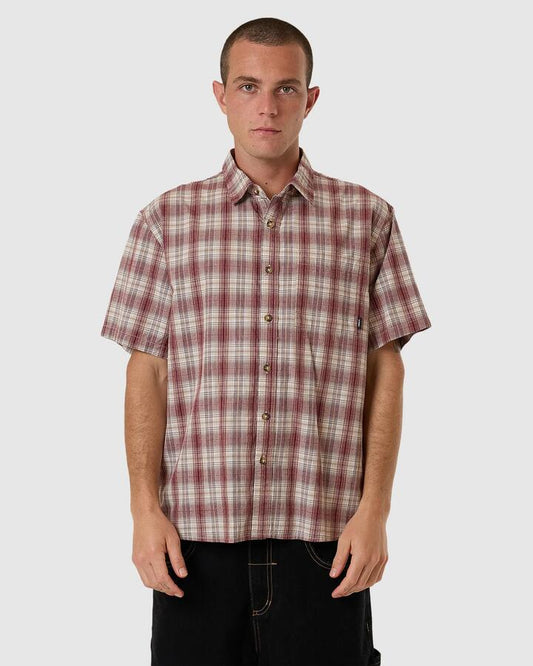 Image of a model wearing Tops. Productname: Thrills - Mens Good Turn Short Sleeve Shirt - Bracken - in Bracken colour by brand - Thrills